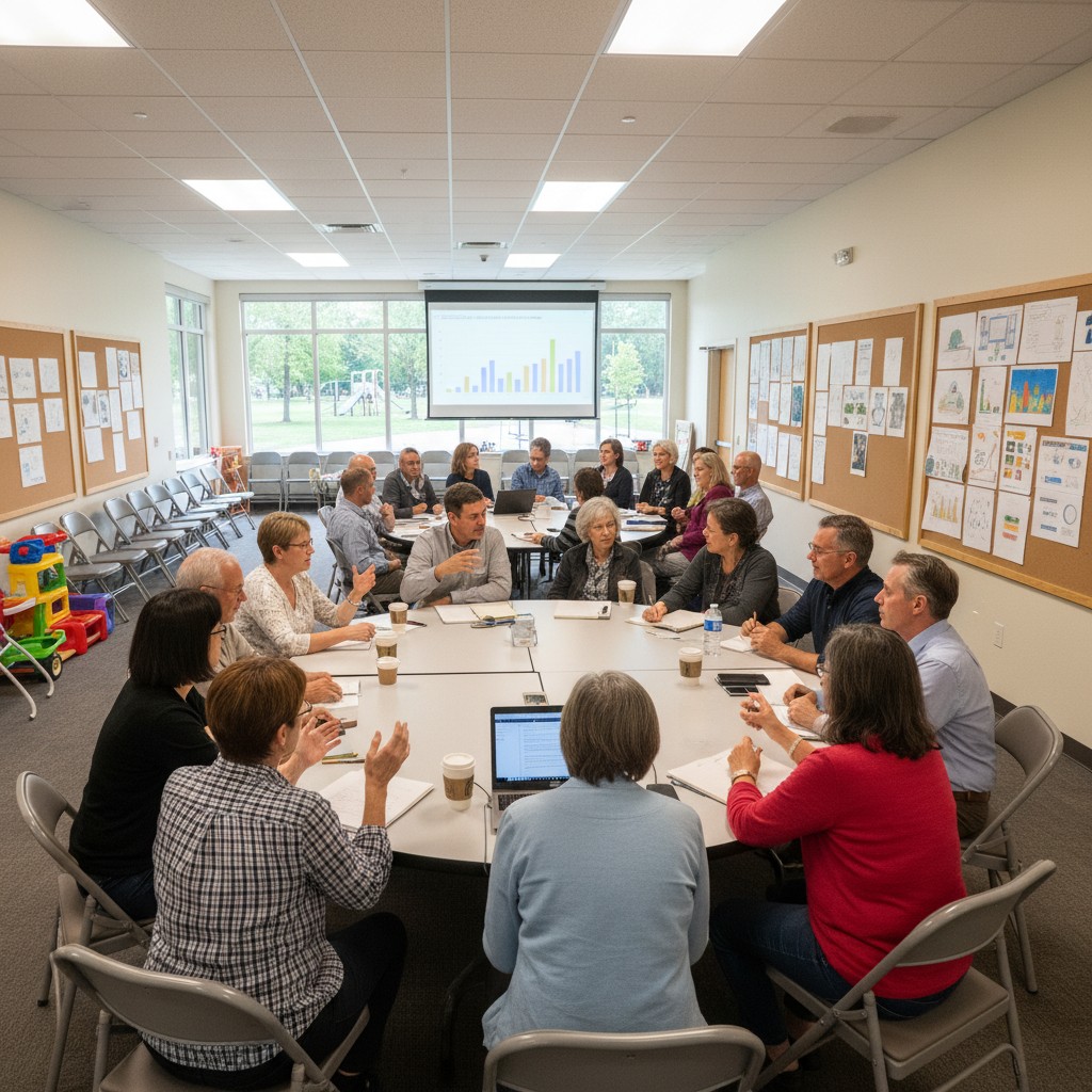 A group of people sit around a large round table in a conference room, listening to a presentation about a bar graph.