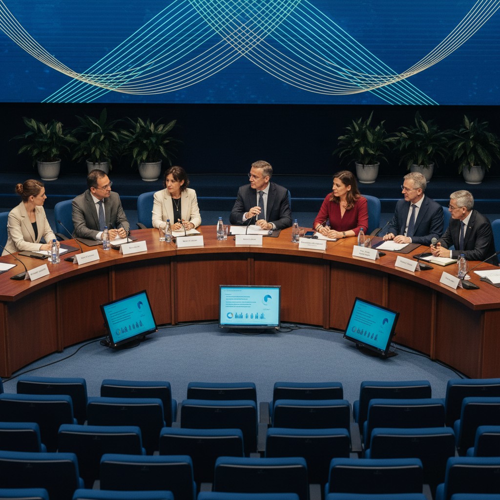 People sitting at a conference table with screens and water bottles, wearing formal attire, in a room with blue chairs and...