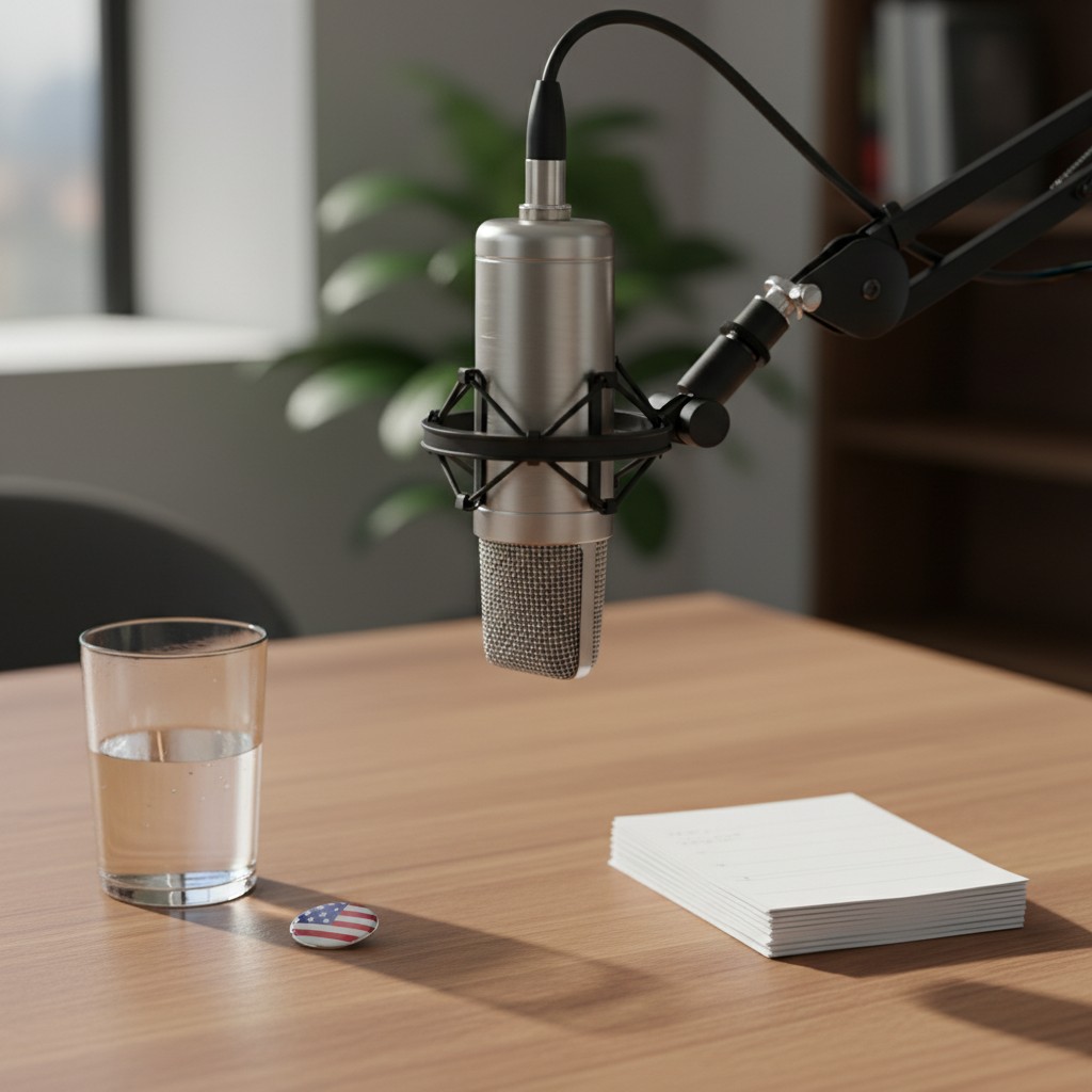 A microphone, a glass of water, a stack of papers, and an American flag button gather on a wooden desk in a brightly lit r...
