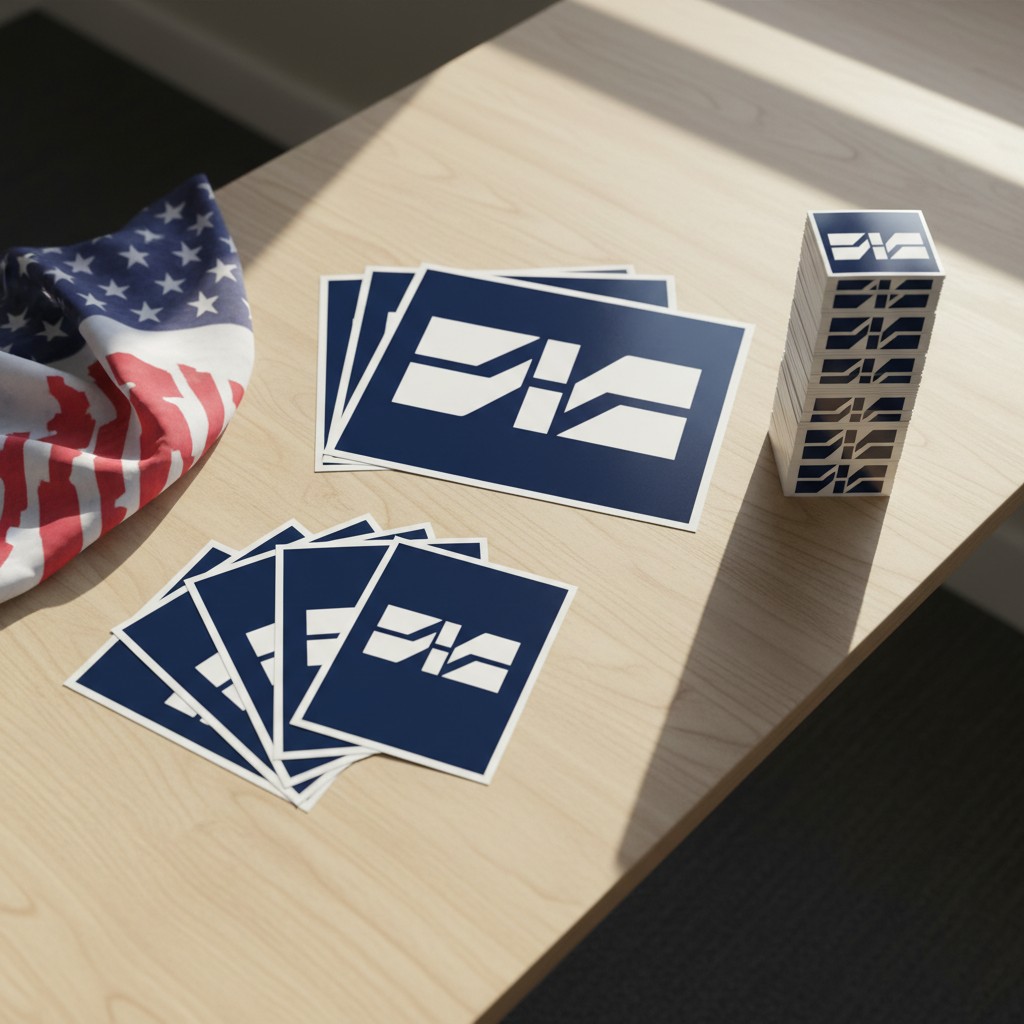 A wooden table with a stack of stickers based on the SV council system and a folded american flag.