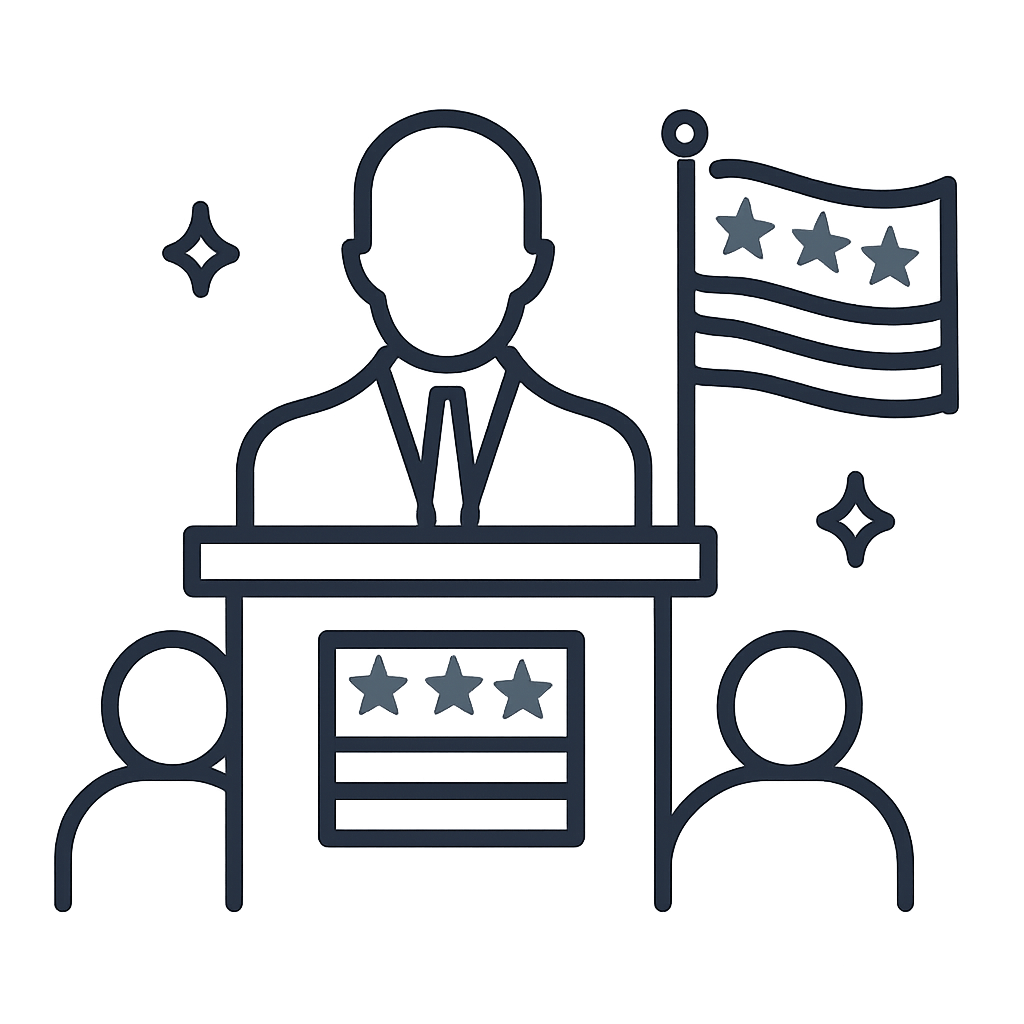 A simple line drawing of a man in a business suit standing at a podium with an American flag and two others at an audience.