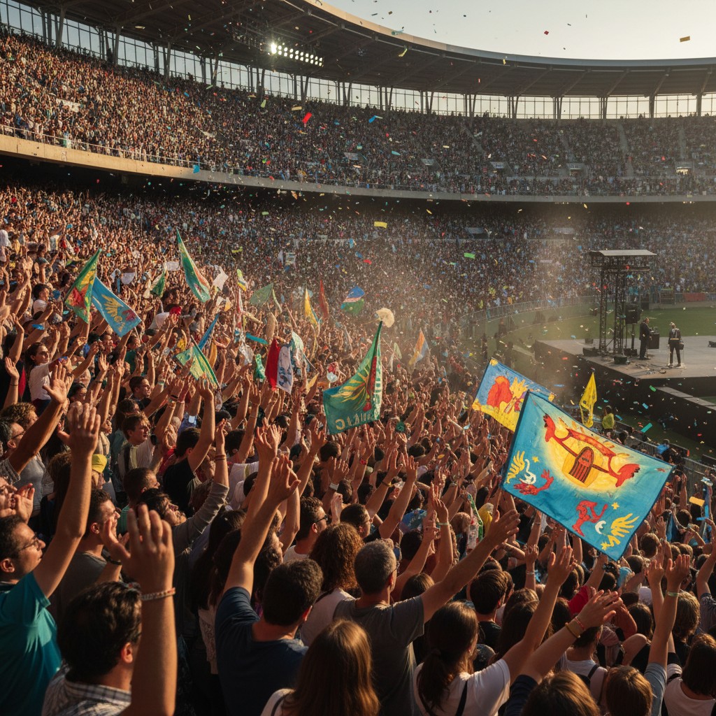 Large crowd in a stadium, confetti and flags everywhere.