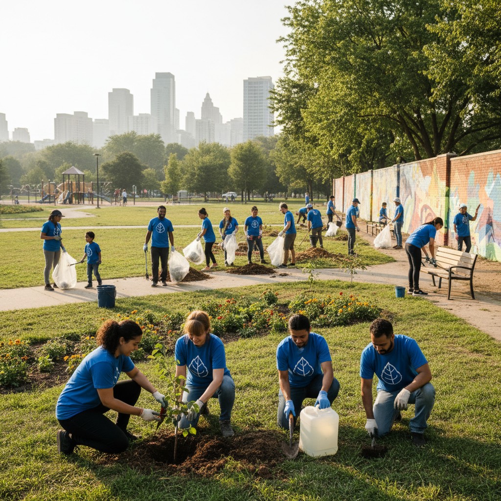 Park Cleanup Volunteers: A group of people wearing blue t-shirts gather in a park, some planting trees while others pick u...